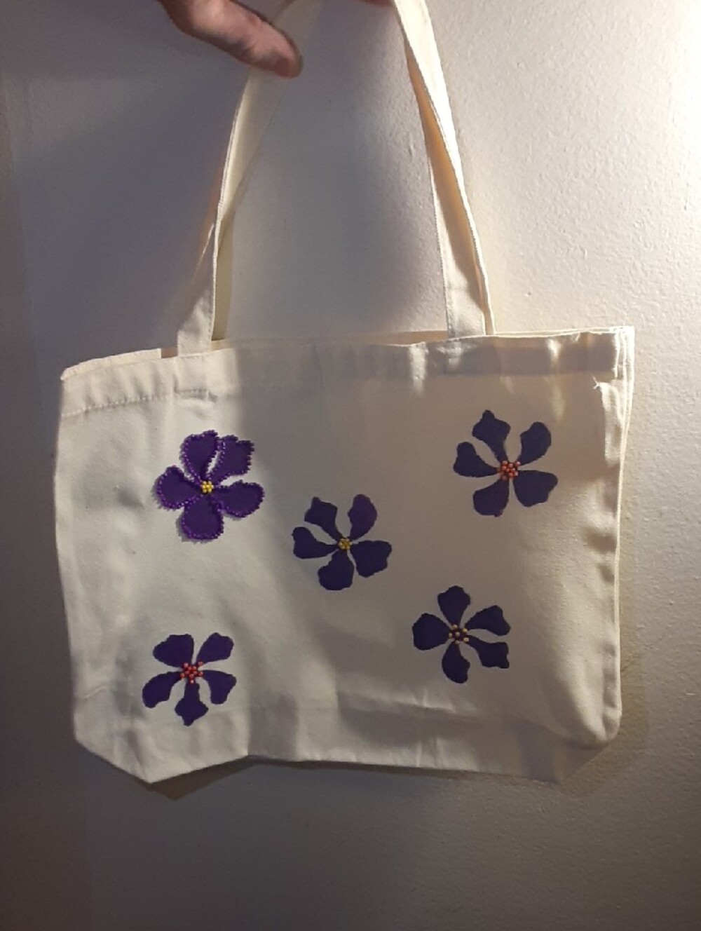 Hand painted Canvas Tote bag Purple Beaded Flower